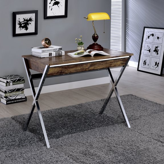Dokea Weathered Oak and Chrome 2-Drawer Writing Desk - Desks