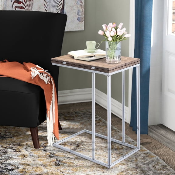 Weathered Oak and Chrome Expandable Side Table for Primary Living Space Offers Adjustable Surface and Modern Flair