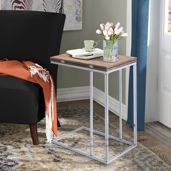 Weathered Oak and Chrome Expandable Side Table with Swivel Top