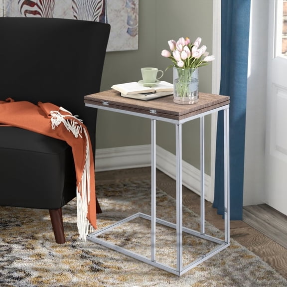 Weathered Oak and Chrome Side Table with Expandable Top & Geometric Base
