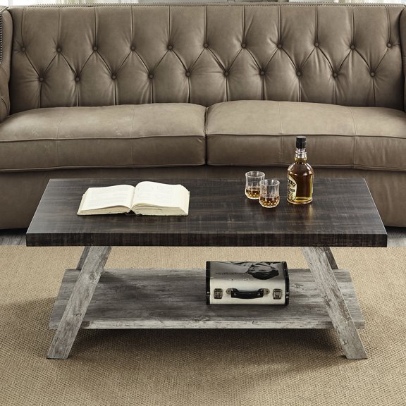 Weathered Walnut & Gray Colors / In Modern Living Rooms / Storage Shelf Benefit