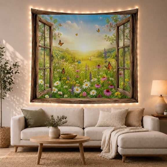 Weathered Window Frame with Meadow and Butterflies, Joyful Rustic Art for Nature Lovers, Floral Wall Decor, Housewarming Gift, Tapestry Wall Hanging for Living Room and Bedroom