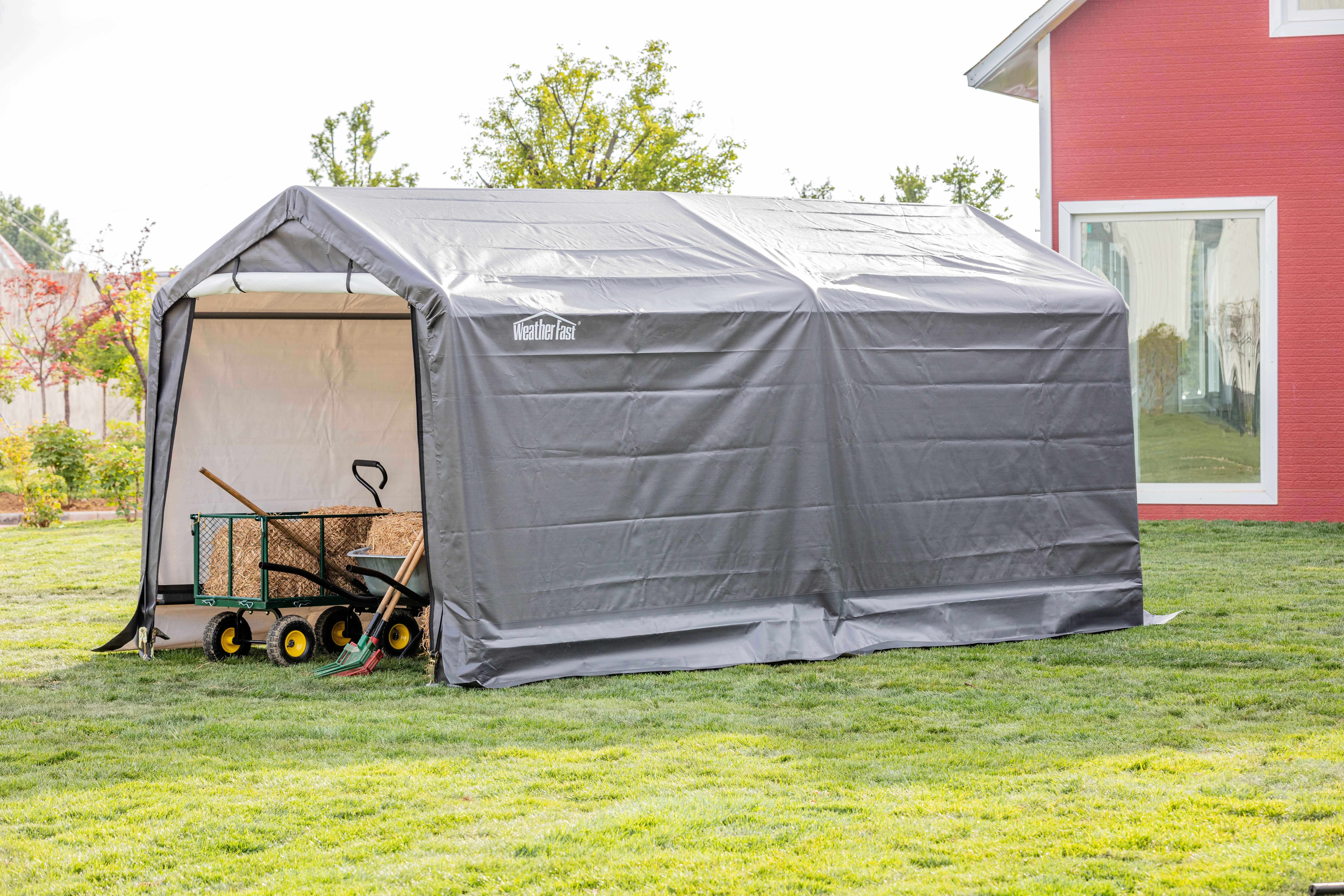 Weatherfast Portable Garden Storage Shed, 8'x14'x7'H, Steel Frame Peak Roof Waterproof Cover with 4pc Heavy Duty Anchor