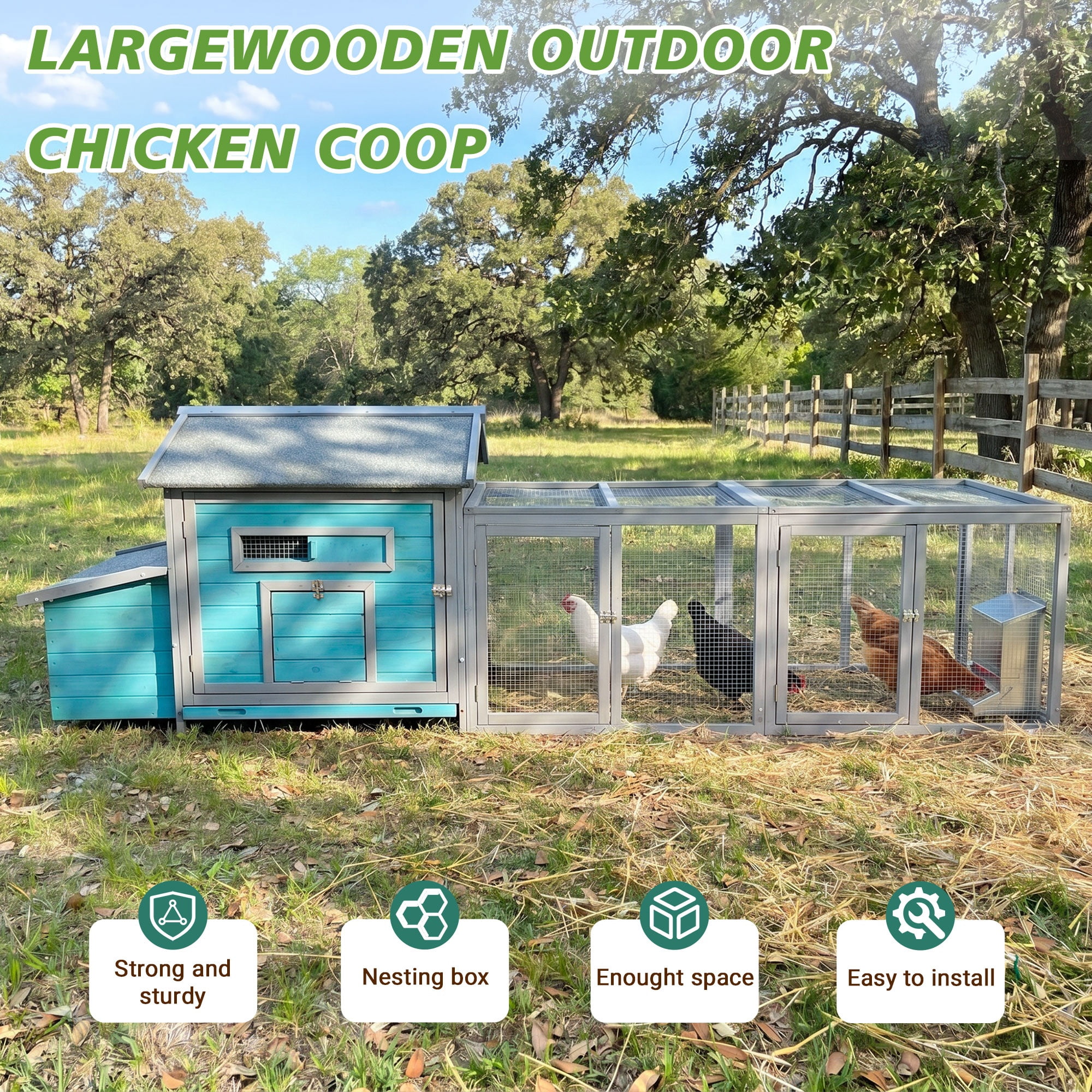 Weatherproof 114-Inch Wooden Chicken Coop with Outdoor Run, Hen House with Nesting Box and Lockable Doors for 2-3 Chickens, Blue-Gray