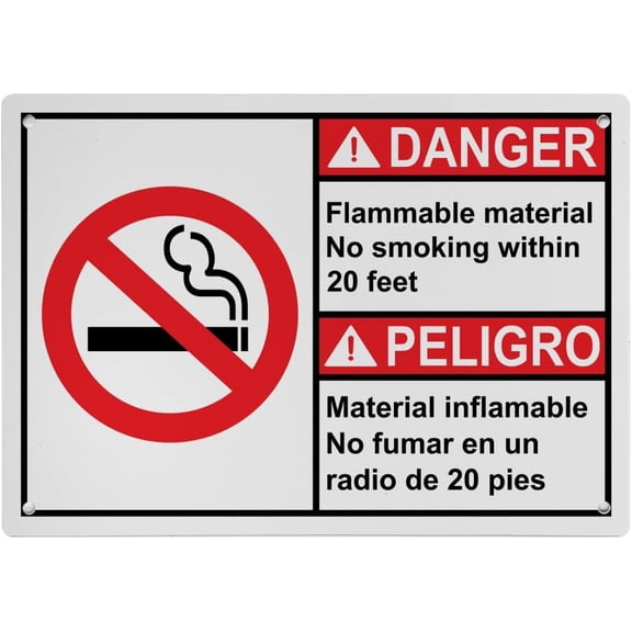 Weatherproof ANSI Flammable Sign (Flammable material No smoking within 20 feet - Material inflamable No fumar en un radio de 20 pies) 8 in" x 12 in" UV Resistant Indoor Outdoor Plastic Safety SIgn