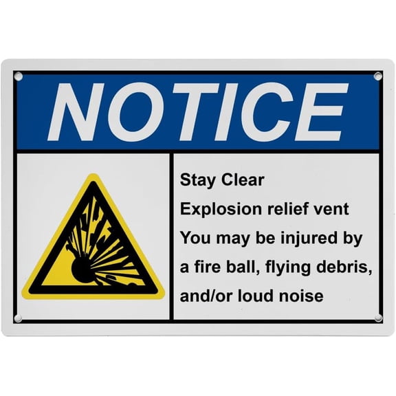 Weatherproof ANSI Hot Burn Sign (Stay Clear Explosion relief vent You may be injured by a fire ball, flying debris, and/or loud noise) 8 in" x 12 in" UV Resistant Indoor Outdoor Plastic Safety SIgn