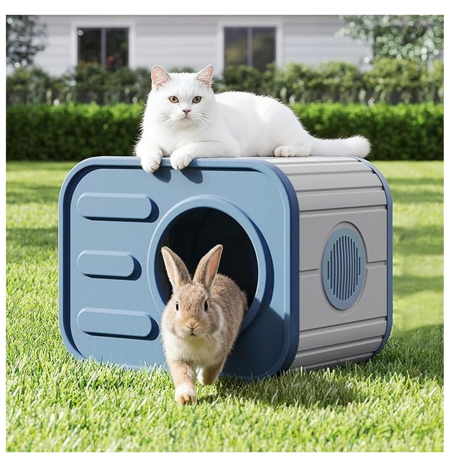 Weatherproof Cat House Outdoor Indoor, Plastic Cat Shelter Camera Design - Blue