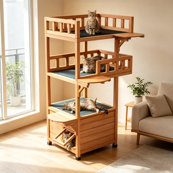 Weatherproof Cat House with 2 Escape Doors and Dual Fenced Balconies,Natural