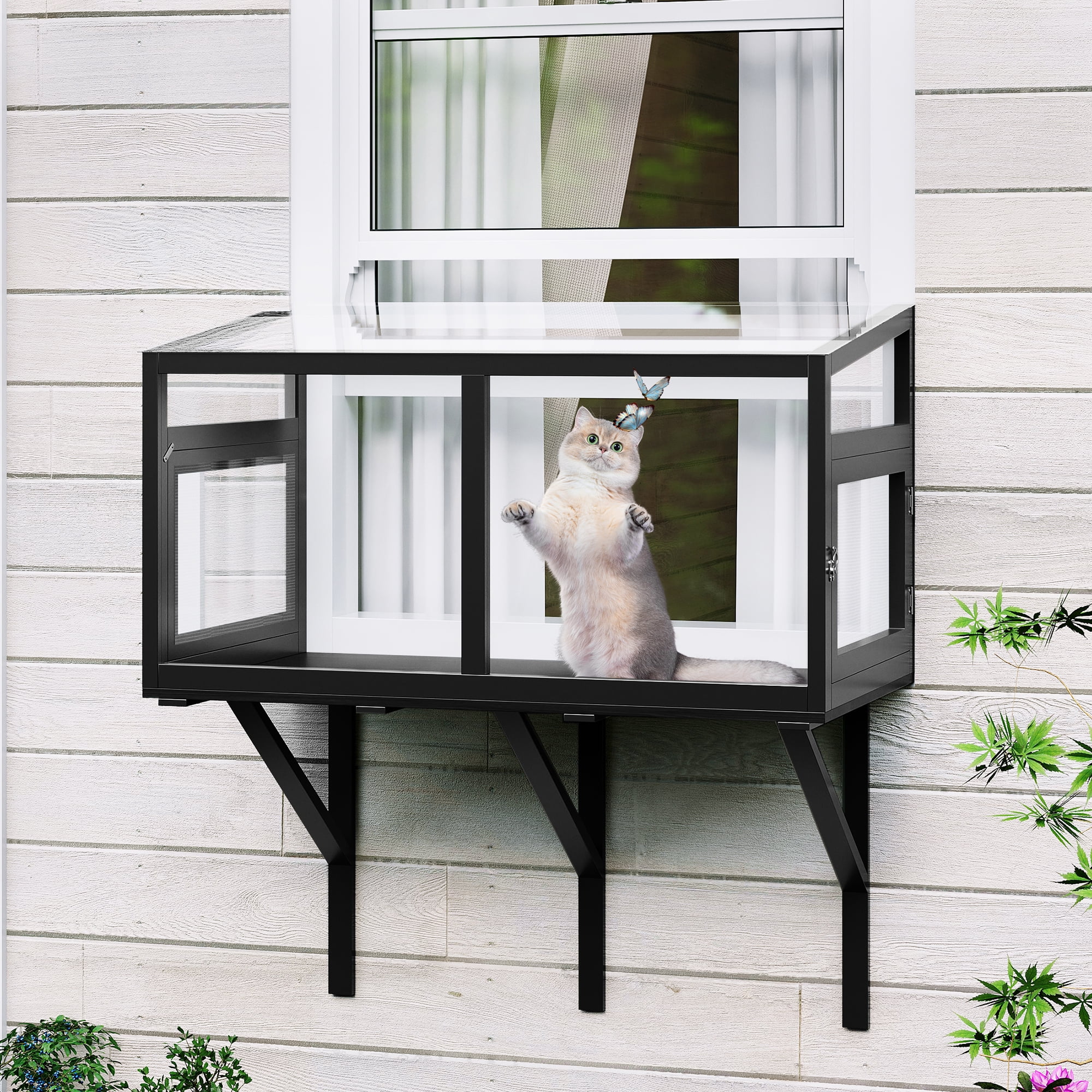 Weatherproof Cat Window Box Enclosure for Indoor Cats, Clear View Outdoor Cat House, Sturdy Wooden Window Perch for Sunbathing & Birdwatching, Fits 24"-38" Windows, Black
