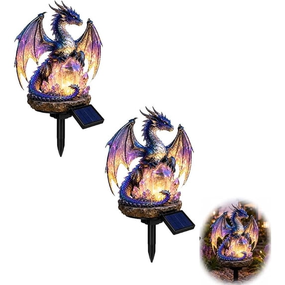 Weatherproof Crystal Dragon Solar Stake Light, Purple Iridescent Dragon on Crystal Rock LED Outdoor Yard Patio Decor Lamp