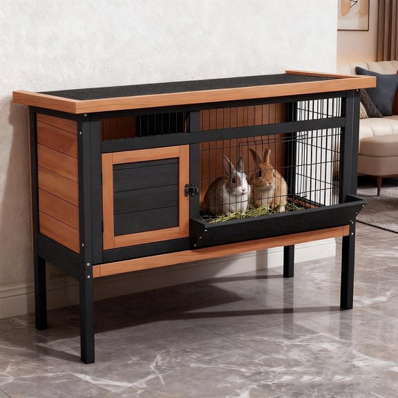 Weatherproof Elevated Rabbit Hutch with Metal Mesh Base, Removable Trays, Openable Roof & Feeding Trough, Orange & Black