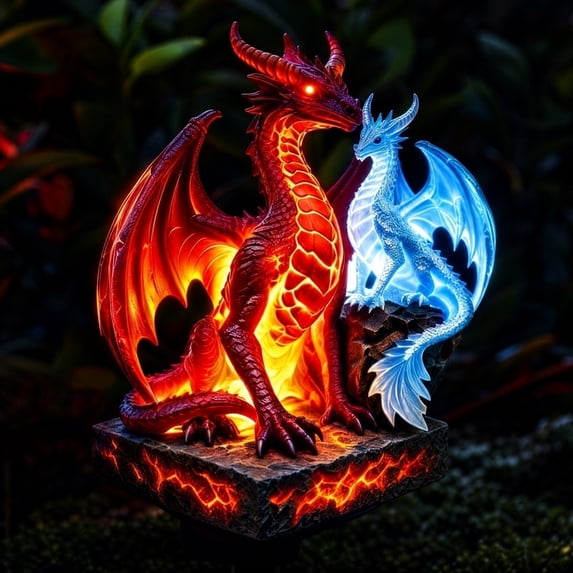 Weatherproof Fire Ice Dual Dragon Solar Stake Light, Glowing Lava Red & Crystal Blue Dragon LED Outdoor Landscape Lamp