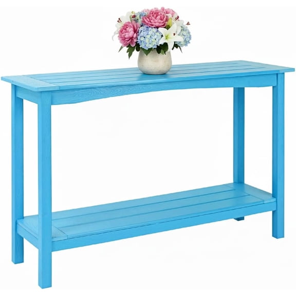 Weatherproof HIPS Outdoor Console Table, 48'' 2-Shelf SideTable Indoor/Outdoor Use, Multifunctional Buffet Table Bar Storage Organizer for Entryway,Yard, Outside Plant Stand Table, Blue