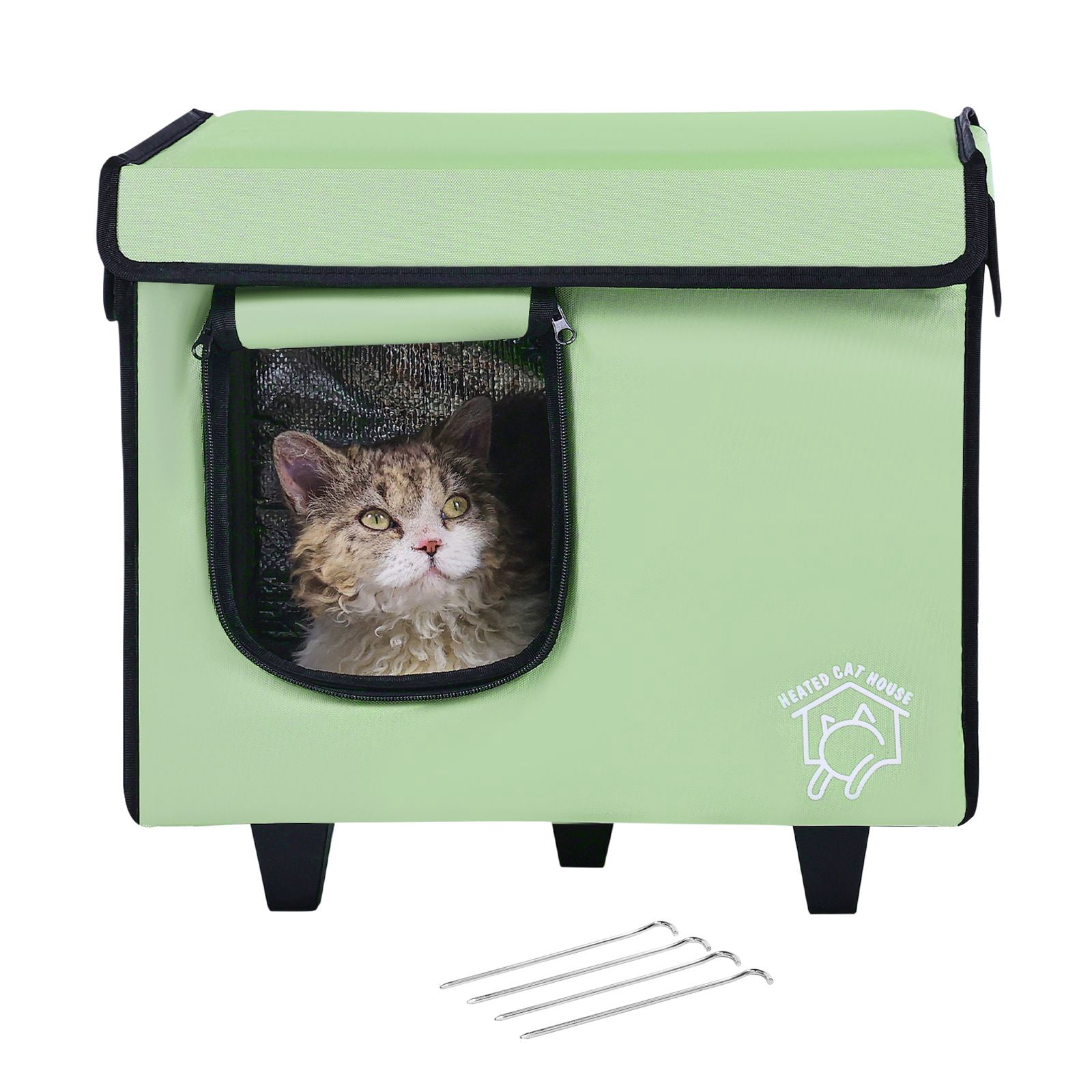 Weatherproof Heated Cat House for Outdoor Use – Includes Soft Heated Pad & Insulated Walls (Green, S)