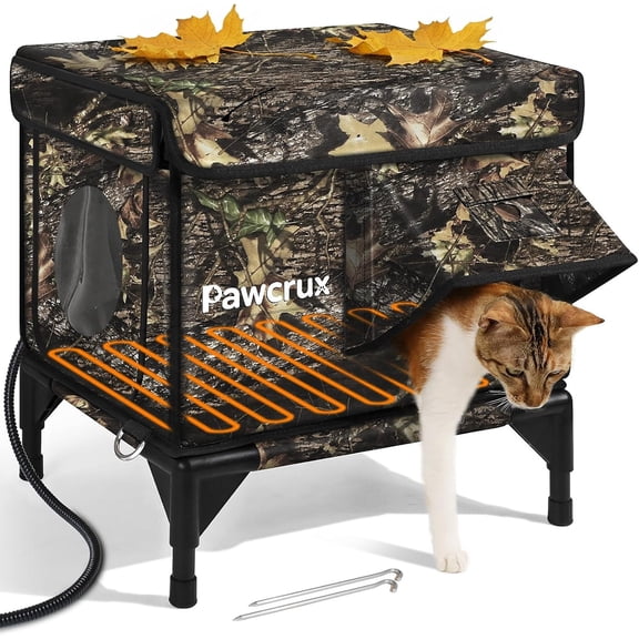 Weatherproof Heated House for Outdoor in Winter, Heated Bed Kitty Shelter with Heating Pad, Insulated & Safe Escape Door, Warm House for Outside Stray (Leaf Color, 12.6"x16.5"x16.9")