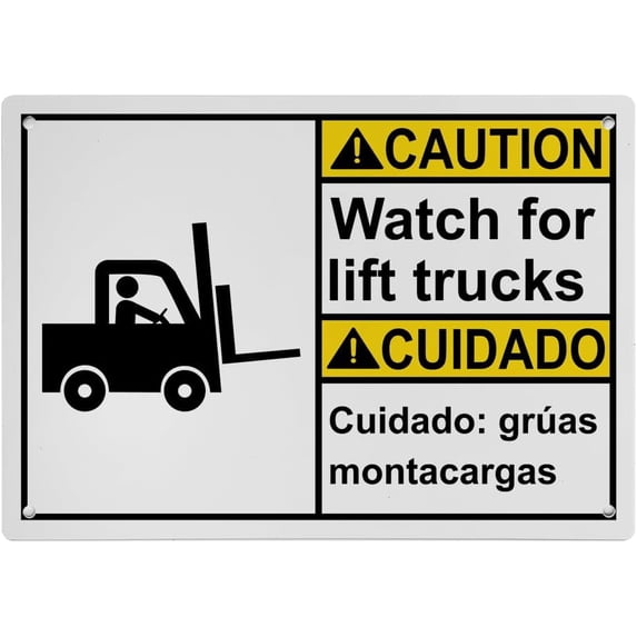 Weatherproof Horizontal ANSI Forklift Sign (Watch for lift trucks - Cuidado: grúas montacargas) 8 in" x 12 in" UV Resistant Indoor Outdoor Workplace Insdustrial Caution Danger Warning SIgn