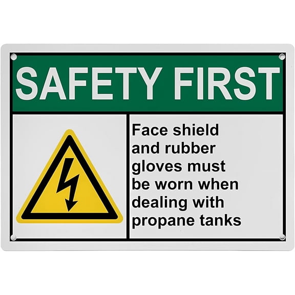 Weatherproof Horizontal ANSI PPE Multiple Sign - Face Shield & Rubber Gloves for Propane Tanks, 8"x12" UV Resistant Plastic Safety Warning Sign, Indoor Outdoor PPE Sign