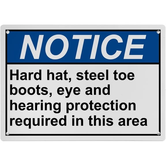 Weatherproof Horizontal ANSI PPE Multiple Sign (Hard hat, steel toe boots, eye and hearing protection required in this area) 8 in" x 12 in" UV Resistant Indoor Outdoor Plastic Safety Warning SIgn