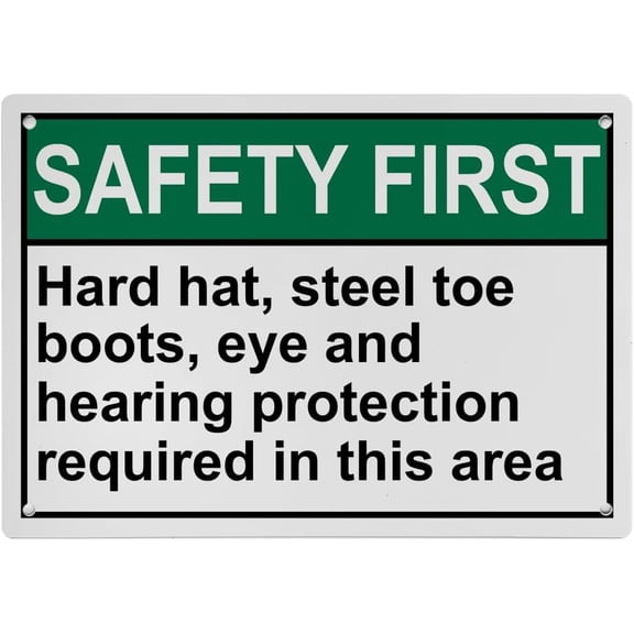Weatherproof Horizontal ANSI PPE Multiple Sign (Hard hat, steel toe boots, eye and hearing protection required in this area) 8 in" x 12 in" UV Resistant Indoor Outdoor Plastic Safety Warning SIgn