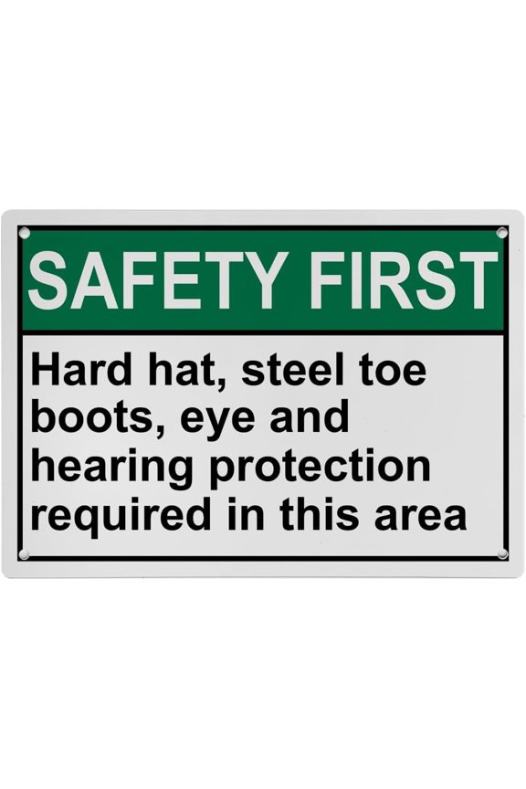 Weatherproof Horizontal ANSI PPE Multiple Sign (Hard hat, steel toe boots, eye and hearing protection required in this area) 8 in" x 12 in" UV Resistant Indoor Outdoor Plastic Safety Warning SIgn