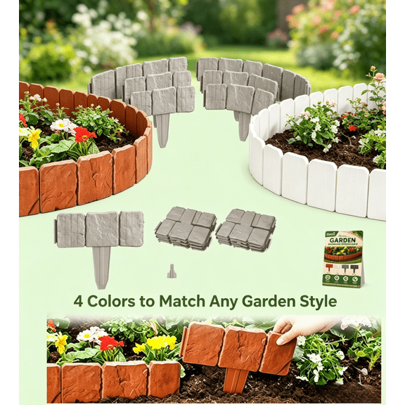 Weatherproof Imitation Stone Fence Border, Plastic Cobbled Landscape Edging, Interlocking Decorative Panel for Yard Lawn Flower Bed Path Boundary (Gray,10Pcs)