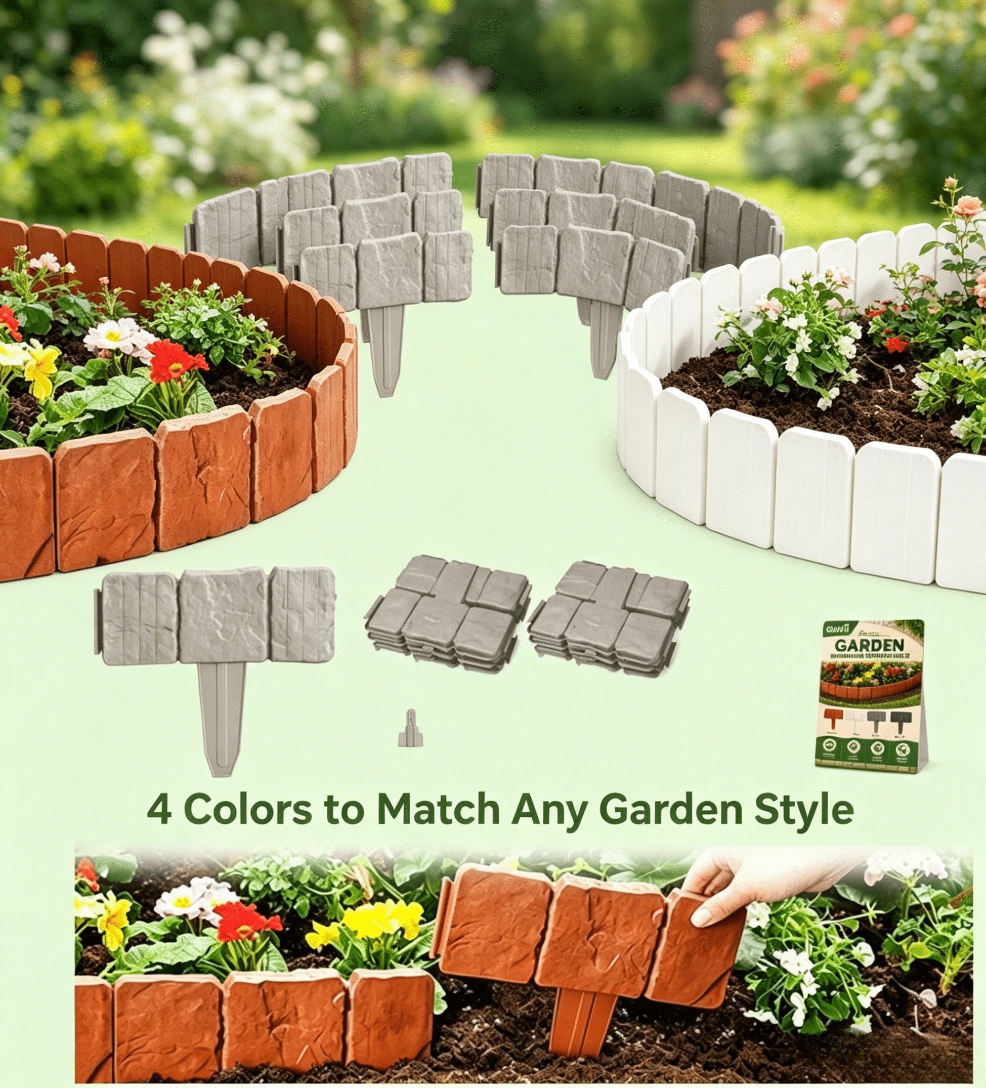 Weatherproof Imitation Stone Fence Border, Plastic Cobbled Landscape Edging, Interlocking Decorative Panel for Yard Lawn Flower Bed Path Boundary (Red,10Pcs)