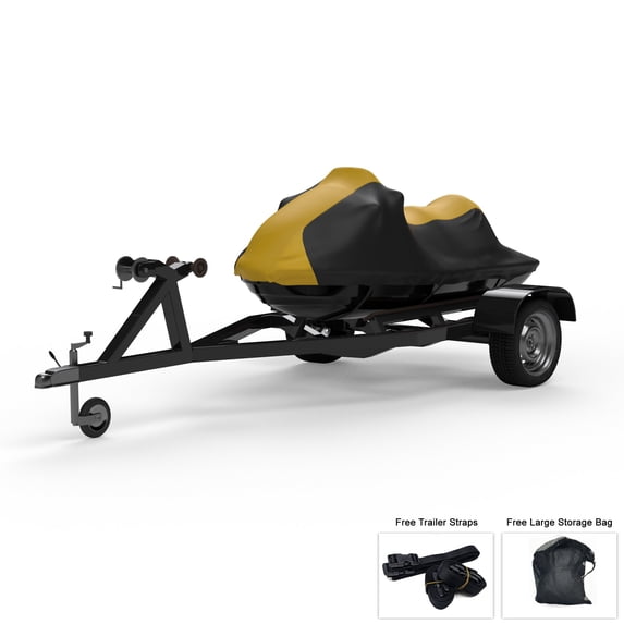 Weatherproof Jet Ski Cover For ARCTO Monte Carlo 648 1997 - YELLOW / Black Color - All Weather - Trailerable - Protects from Rain, Sun, UV Rays, And More! Includes Trailer Straps And Storage Bag