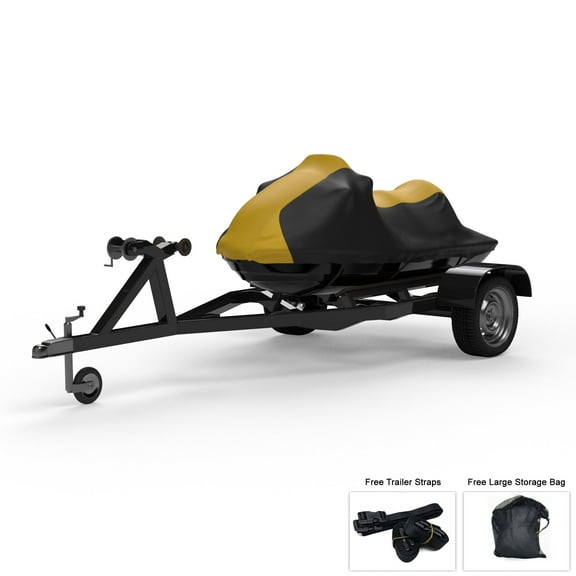 Weatherproof Jet Ski Cover For HONDA AquaTrax F12 2002-2004 - YELLOW / Black Color - All Weather - Trailerable - Protects from Rain, Sun, UV Rays, And More! Includes Trailer Straps And Storage Bag