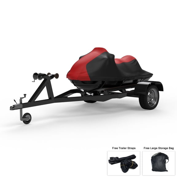 Weatherproof Jet Ski Cover For SEA DOO Wakeboard no tie down opening at rear 2004 - RED / Black - All Weather - Trailerable - Protects from Rain, Sun, & More! Includes Trailer Straps & Storage Bag