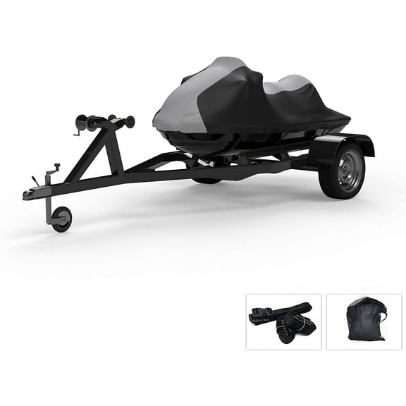 Weatherproof Jet Ski Covers for SEA DOO GTI 130 2020 - Gray/Black Color - All Weather - Trailerable - Protects from Rain, Sun, UV Rays, and More! Includes Trailer Straps and Storage Bag