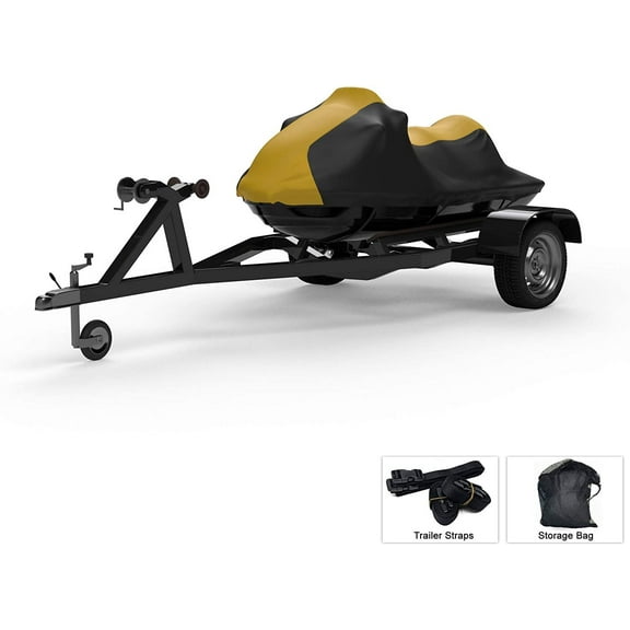 Weatherproof Jet Ski Covers for SEA DOO GTI 130 2021 - Yellow/Black Color - All Weather - Trailerable - Protects from Rain, Sun, UV Rays, and More! Includes Trailer Straps and Storage Bag