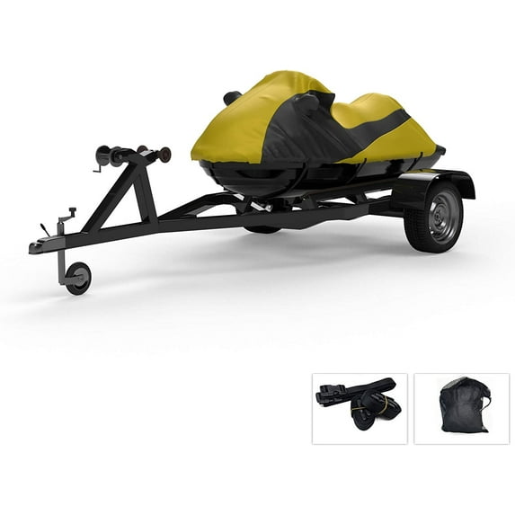 Weatherproof Jet Ski Covers for SEA DOO Wake PRO 215 2010-2016 - Yellow/Black Color - All Weather - Trailerable - Protects from Rain, Sun, UV Rays, and More! Includes Trailer Straps and Storage Bag