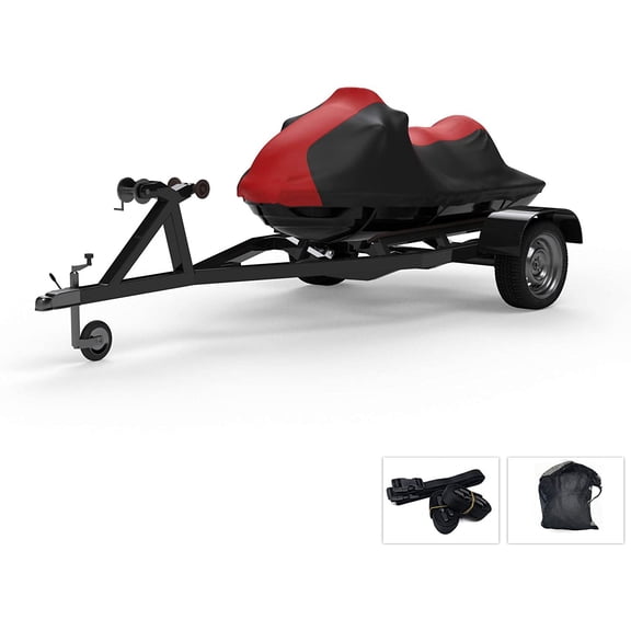 Weatherproof Jet Ski Covers for Yamaha Wave Runner V1 2015-2016 - RED/Black Color - All Weather - Trailerable - Protects from Rain, Sun, UV Rays, and More! Includes Trailer Straps and Storage Bag