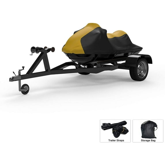 Weatherproof Jet Ski Covers for Yamaha Wave Runner VX Deluxe 2021 - Yellow/Black Color - All Weather - Trailerable - Protects from Rain, Sun, and More! Includes Trailer Straps and Storage Bag