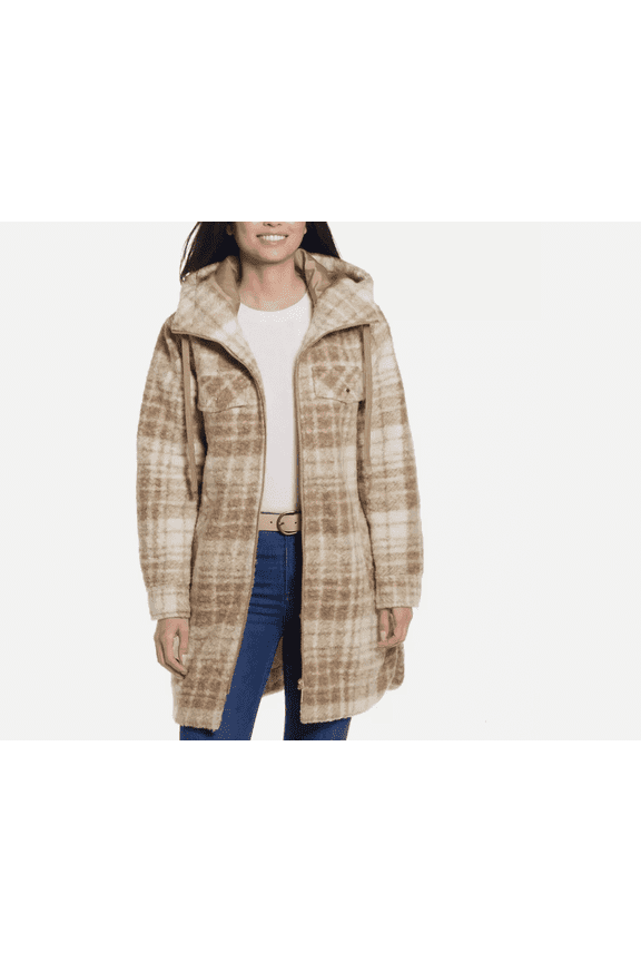 Ladies' Boucle Hooded Jacket Tan Plaid Small