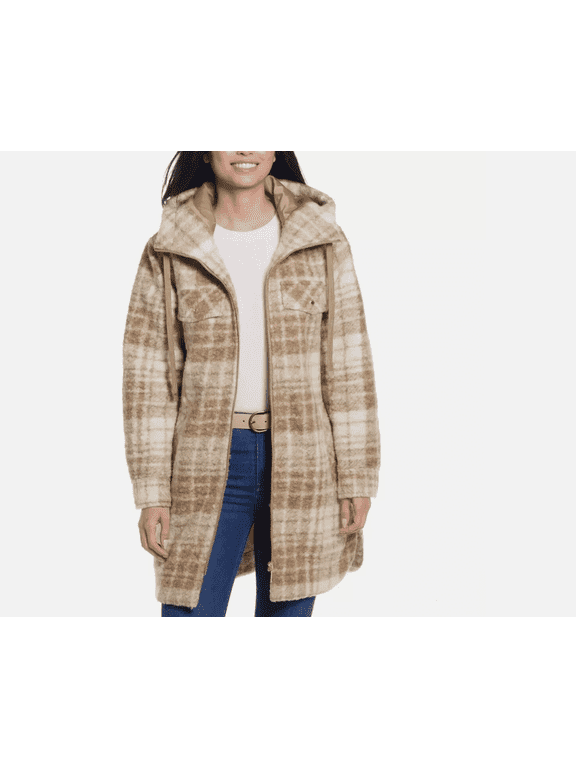 Ladies' Boucle Hooded Jacket Tan Plaid Small