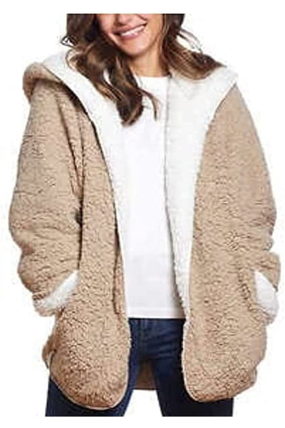 Ladies' Reversible Cozy Sherpa Hooded Jacket Size: XS, Color: Tan/Cream