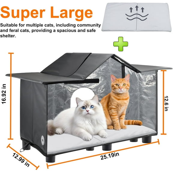 Weatherproof Large  House with Roof Window - Insulated Outdoor Shelter for Stray/Barn Cats with Cozy Cushion - Dog Bed