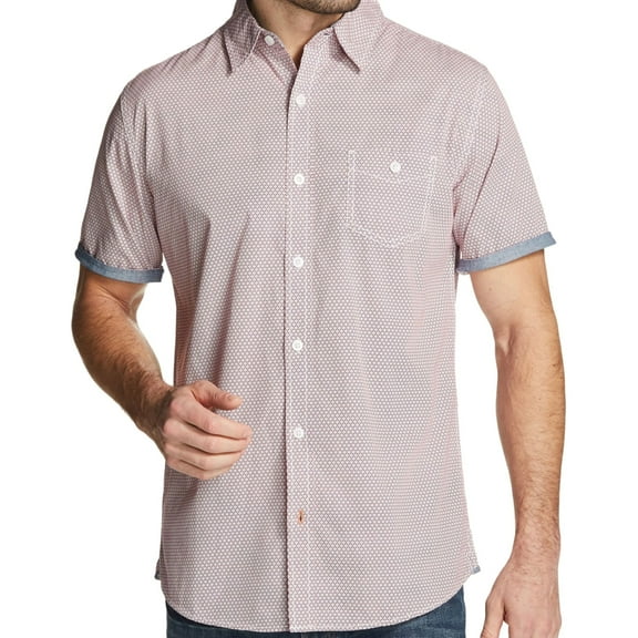 Weatherproof Mens Printed Poplin Button Up Shirt, Red, Small