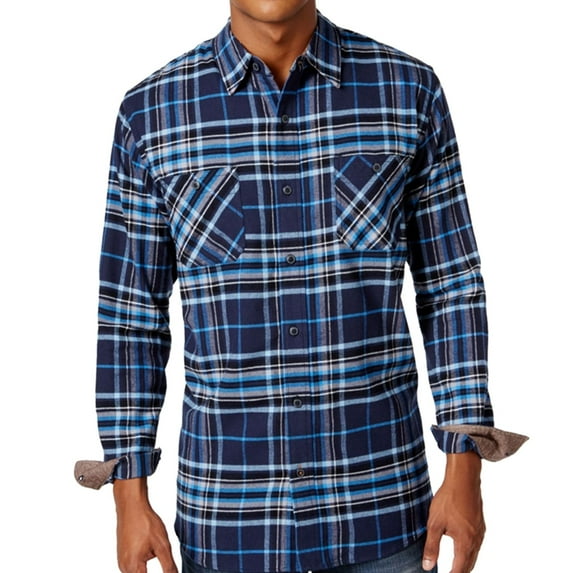 Weatherproof Mens Vintage Plaid Flannel Button Up Shirt, Blue, Medium