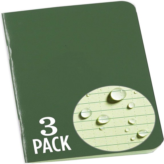 Weatherproof Mini Stapled Notebook, 3.25" x 4.625", Green Cover, Universal Pattern, 3 Pack