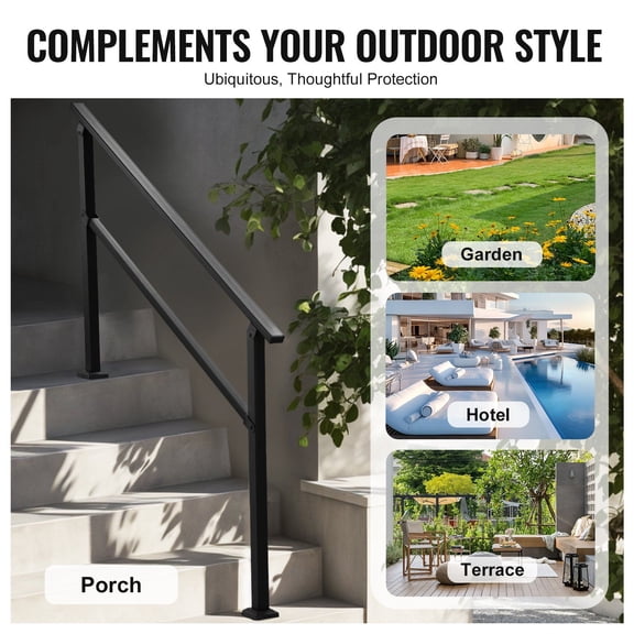 Weatherproof Outdoor Handrails - Black Square Tube for 4-5 Step Stairs, Easy Install & Senior Safe Design