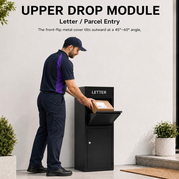 Weatherproof Package Delivery Box with Smart Gravity Drop Module, 18" x 15" x 40" Steel Anti-Rust Outdoor Package Delivery Box for Porch, Gate, Walkway, Black