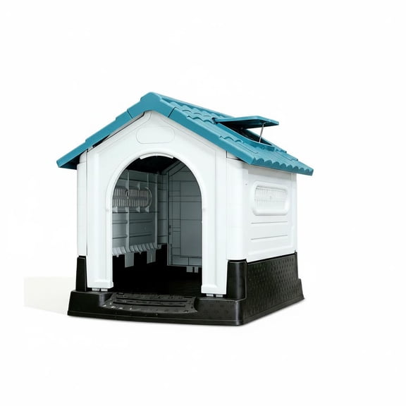 Weatherproof Plastic Dog Kennel for Small Dogs Adjustable Skylight Elevated Base Collapsible Trumpet Blue