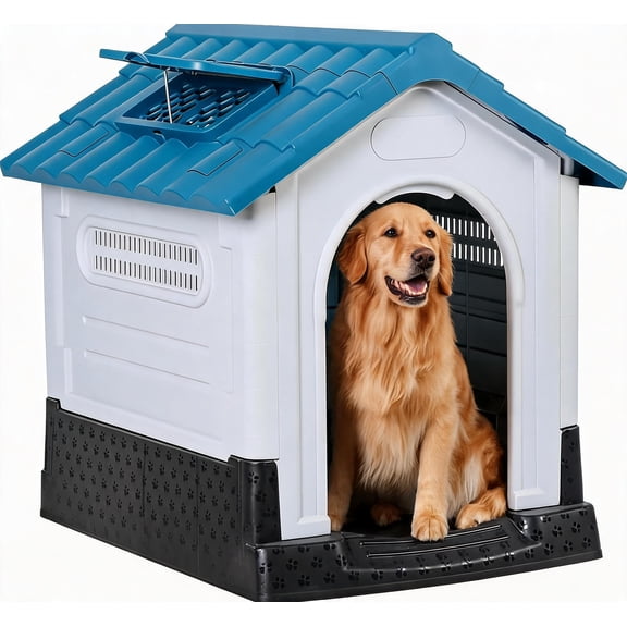 Weatherproof Plastic Dog Kennel with Adjustable Skylight Elevated Base Collapsible Design Easy Large Blue