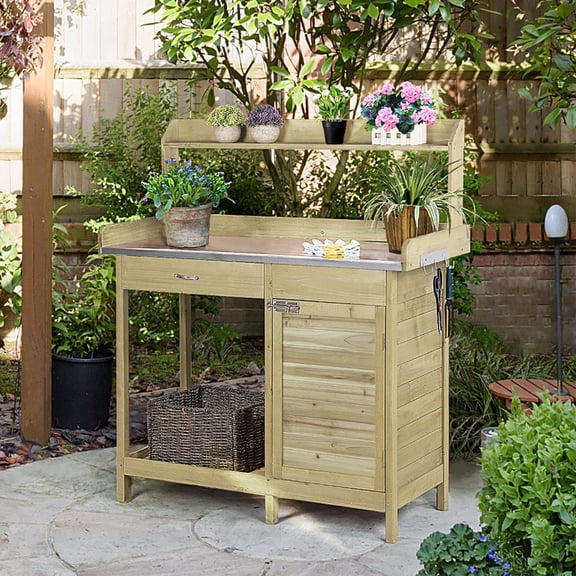 Weatherproof Potting Bench Work Table, Natural Wood Construction with Durable Metal Tabletop, Integrated Cabinet Drawer and Open Shelf, Perfect for Outdoor Garden & Backyard Plant Care