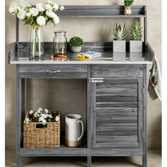 Weatherproof Potting Bench Work Table, Natural Wood Construction with Durable Metal Tabletop, Integrated Cabinet Drawer and Open Shelf, Perfect for Outdoor Garden & Backyard Plant Care