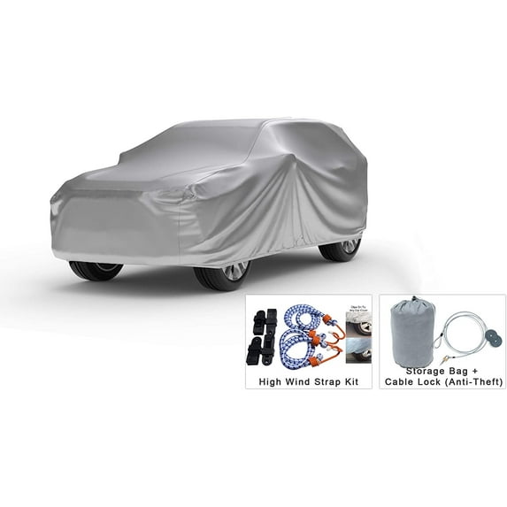 Weatherproof SUV Cover Compatible With 2018 Land Rover Discovery Sport - Outdoor & Indoor - Protect From Water, Snow, Sun - Fleece Lining - Includes Cable Lock, Storage Bag & Wind Straps