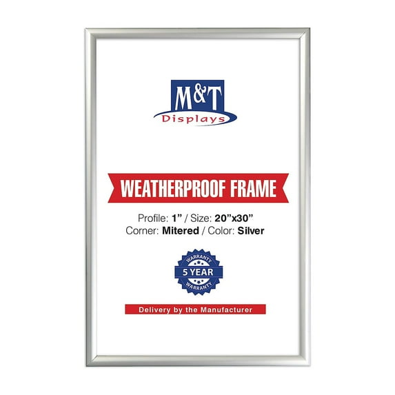 Weatherproof Snap Poster Frame 20x30 Inch Silver 1" Aluminum Profile Front Loading Wall Mounting Picture Photo