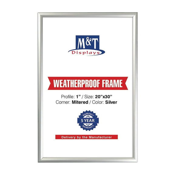 Weatherproof Snap Poster Frame 20x30 Inch Silver 1" Aluminum Profile Front Loading Wall Mounting Picture Photo